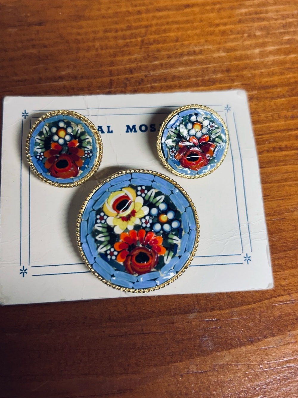 Handmade Vintage Floral Mosaic Brooch and Clip Earring Set - Blue